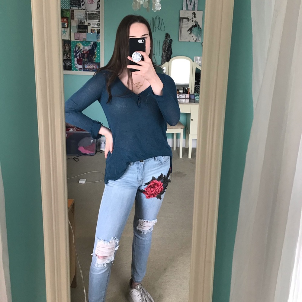 Urban Outfitters teal distressed henley